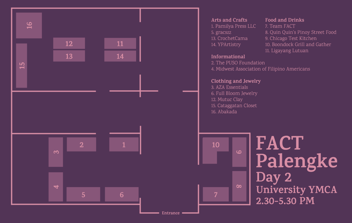Saturday floor map of University YMCA, with numbered booths. Each vendor card below lists its booth number.